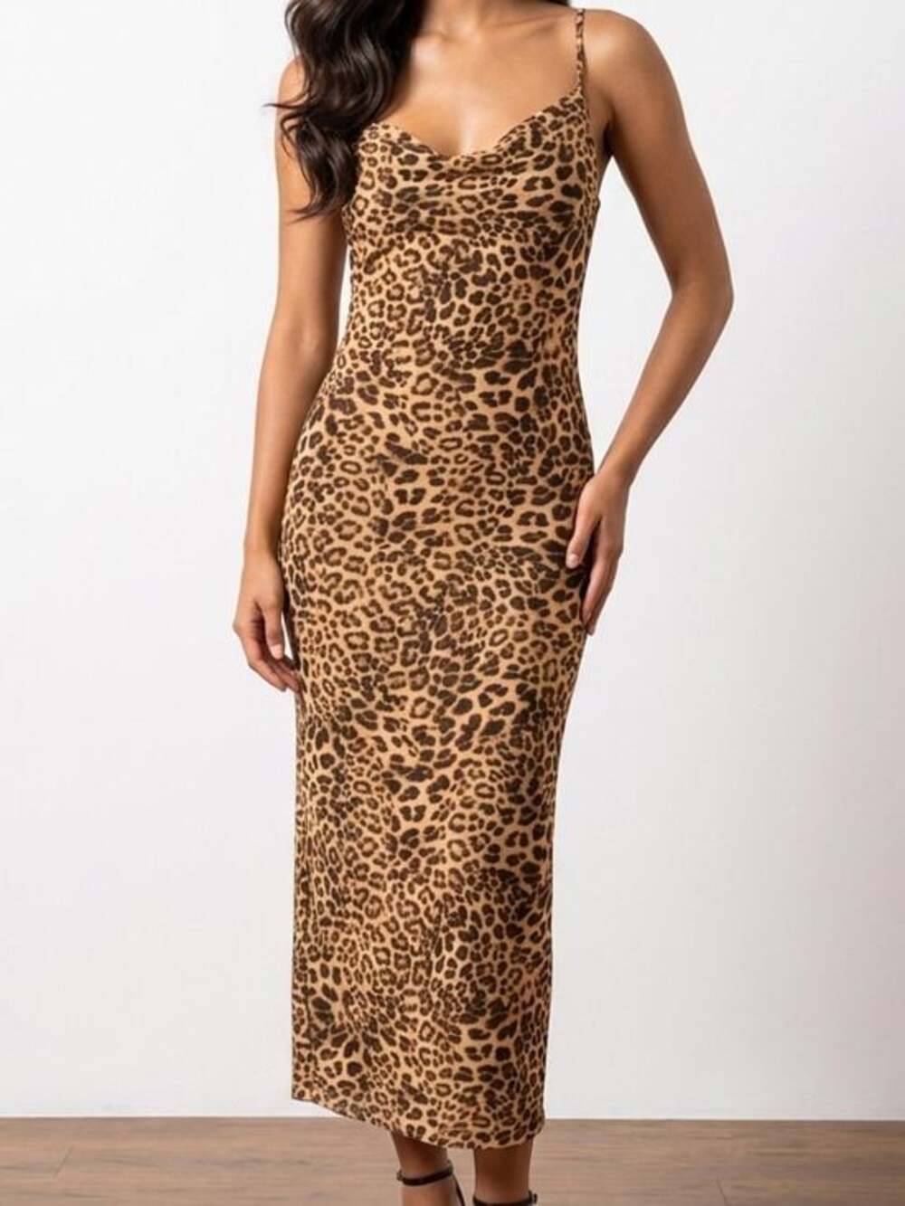 Kirious Leopard Mesh Cowl Neck Lace Up Maxi Dress Large